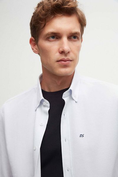 D'S Damat Slim Fit ανοιχτό μπλε Oxford γιακά με κουμπιά Εύκολο στο σιδέρωμα Βαμβακερό πουκάμισο με λεπτομέρεια κεντήματος