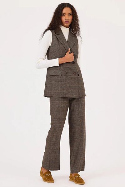 SEÇİL Women's Brown Plaid Patterned Buttoned Vest