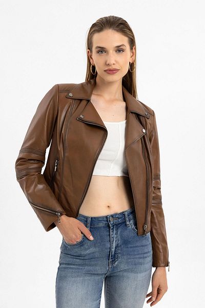 Deriderim Whiskey Zipper Biker Short Genuine Leather Women's Coat