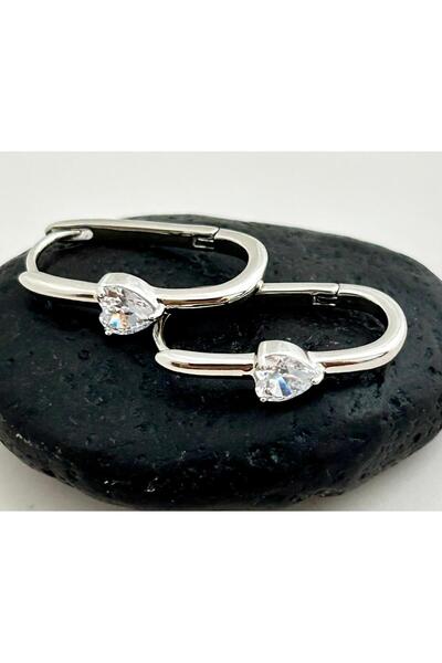 juleeco Zirkon Taşlı Elips Kalp Detay Gümüş Renk Rodyum Küpe(2X1 CM)