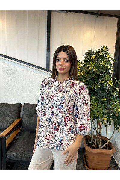 Kübra Tekstil Women's Ecru Leak Neck Floral Print Blouse