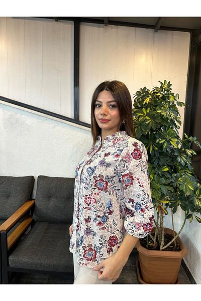 Kübra Tekstil Cămașă/Bluză cu imprimeu floral cu guler evazat ecru pentru femei