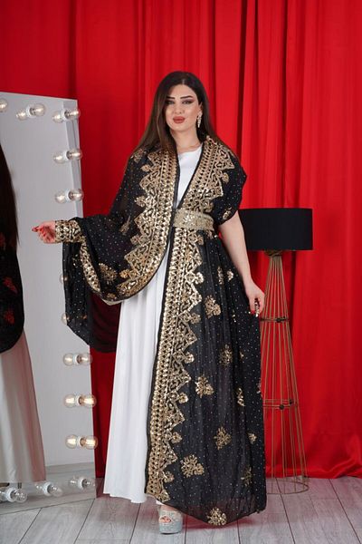 AVVER Women's Hand Embroidered Beaded Embroidered Sequin Stone Kaftan Dress