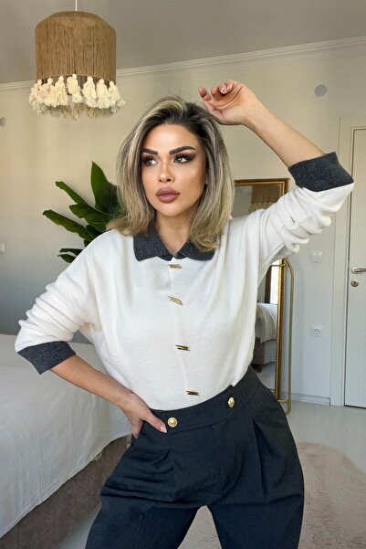 Eswomes كارديجان بياقة بولو بتفاصيل أنثراسايت كريمي