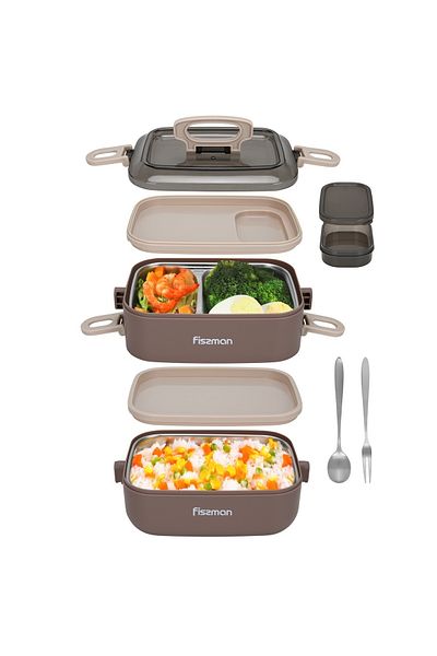 Fissman Double Deck Lunch Box 1800ml With Sauce Cup, Spoon And Fork Compartment