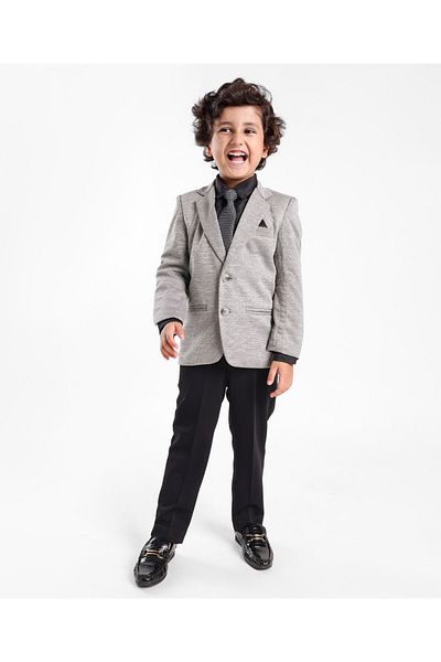 Babyhug Full Sleeves Four Way Stretch Fit Textured Party Suit With Blazer & Tie- Grey