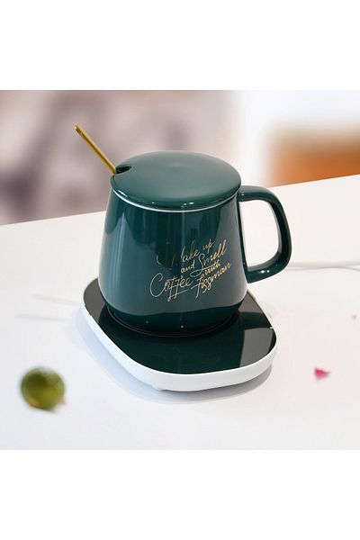 Fissman Coffee Mug 350mL With Warmer Gift Set, Cup With Heater And Spoon (Green)