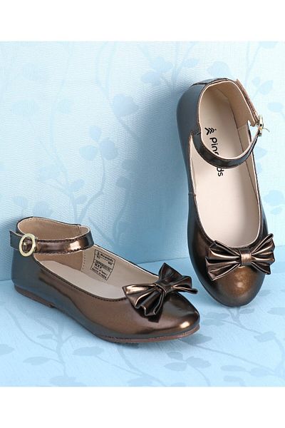 Pine kids Ballerinas with Velcro Closure & Bow Applique- Golden