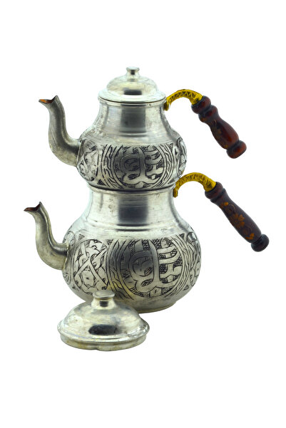 HitDukkan El Işlemeli Desenli Ahşap Saplı Bakır Çaydanlık Gümüş Renk Mod1