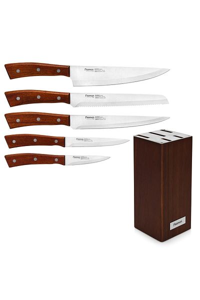 Fissman 6-Piece Stainless Steel Knife Set w/ Wooden Block, Chef Knife, Bread Knife (Dark Brown)