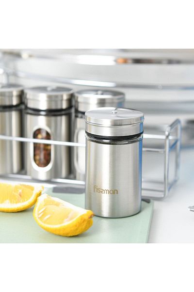 Fissman 4-piece Spice Jar With Stand Holder, Stainless Steel Spice Jar Shelf, 3-types Pouring Option Lid