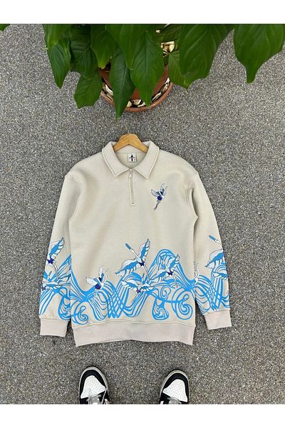bay müco Beige Color Turn Patterned Embroidered Printed Half Zippered Sweatshirt