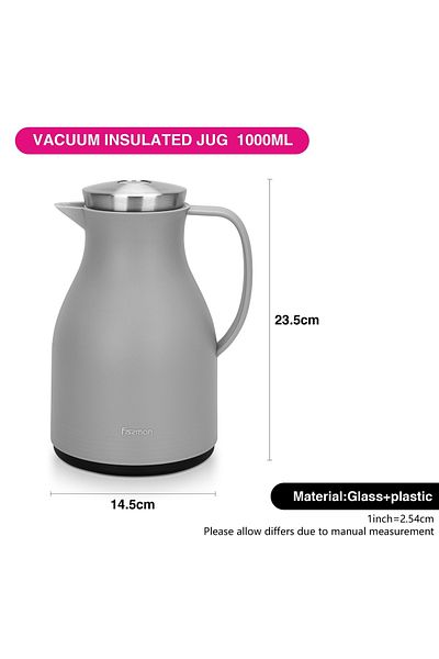 Fissman Vacuum Insulated Flask, 1000 ml, Modern Dallah, Stainless Steel Lid Grey