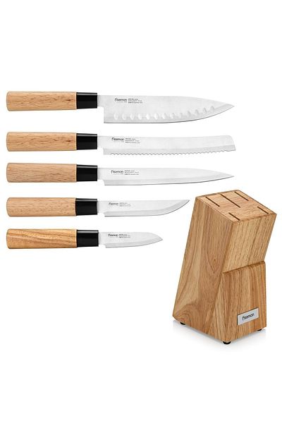 Fissman 6-Piece Stainless Steel Kitchen Knife Set w/ Wooden Block, Chef Knife, Bread Knife (Brown)