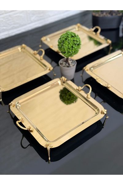 atabey home collection 6 قطع من صينية القهوة والشاي والعرض، صينية ذهبية بأرجل وردية ومقابض