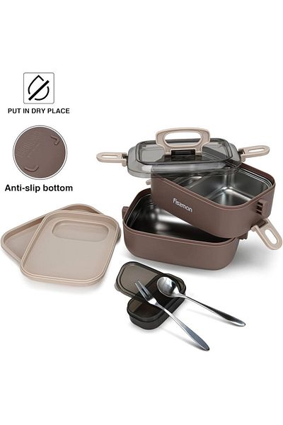 Fissman Double Deck Lunch Box 1800ml With Sauce Cup, Spoon And Fork Compartment