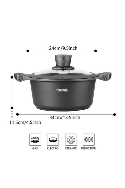 Fissman Stockpot With Glass Lid Non-Stick 24x11.5cm/4.3LTR Black/Clear