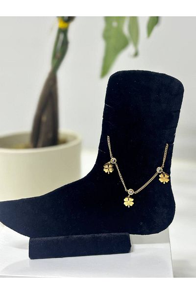 Bijutek Gold Four-Leaf Clover Model Zircon Stone Detailed Stainless Steel Anklet
