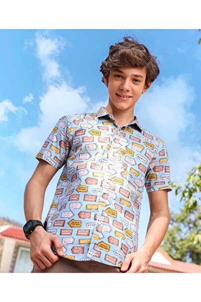 Pine kids قميص باين كيدز 100% قطن بأكمام نصفية وطبعة محادثة - أزرق