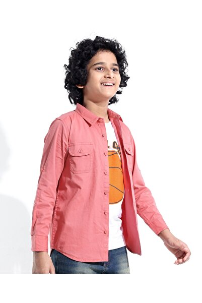 Pine kids Cotton Woven Full Sleeves Solid Color Shirt with Printed Inner Tee - Red