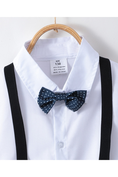 Kookie Kids Solid Shirt & Short Bottom Set With Suspenders & Bow Tie - White & Black