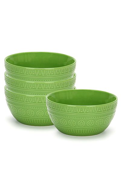 Fissman Ceramic Bowl 800mL Pack of 4 , Motif Series Ceramic Bowl, Round Moroccan Pattern Bowl Green