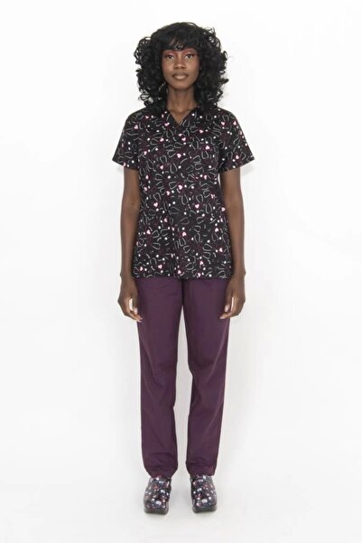 Moodamedikal Mürdüm Steteskop Desenli Likralı Kumaş Cerrahi Tek Üst V Yaka Forma