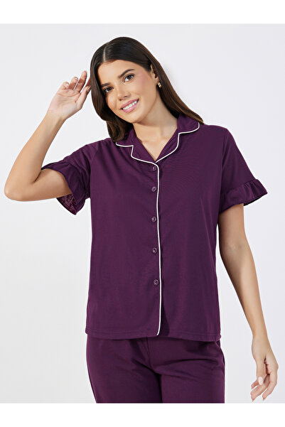 Styli Ruffle Sleeve Contrast Piping Shirt and Pyjama Set