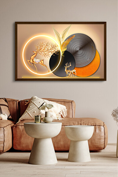 Evinemoda Gold Geyik Yuvarlak Desenler Tek Parça Kahverengi Çerçeveli Işıksız Kanvas - Canvas Tablo
