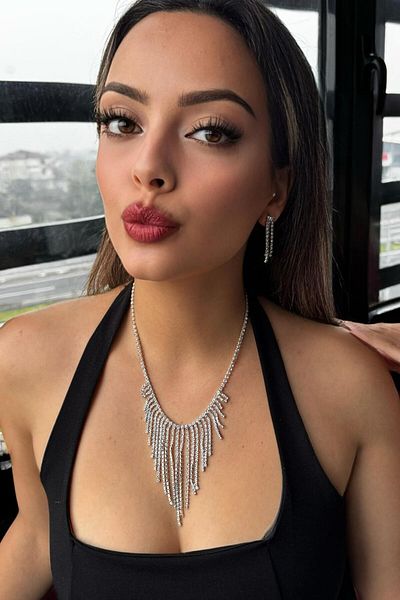 miso aksesuar takı Misotrend Silver Color Stone Detailed Necklace and Earrings Wedding Henna Engagement Bridal Set