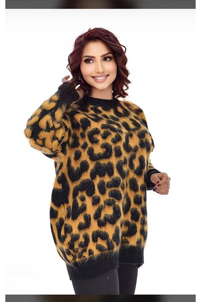 ribana Leopard Pattern Crew Neck Sweater, Soft Bearded Knitwear Hijab Sweater