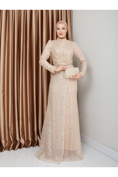 Olcay BEIGE Pailletten-Hijab-Abendkleider – Volant-Detail 1677