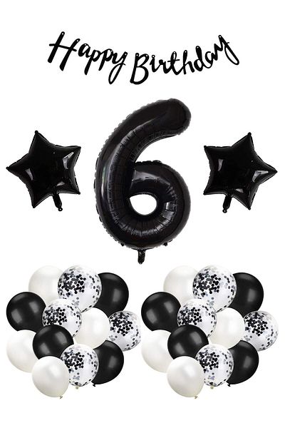 Ezgi Party Store Black Concept Celebration Set for 6 Years Old Birthday - White Black Confet Balloon with Figures Star Foil and Bann