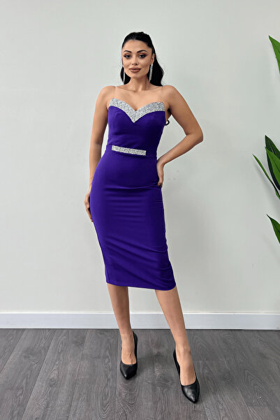 giyimmasalı Atlas Kumaş Taş Detaylı İşleme Detaylı Kalem Elbise - MOR