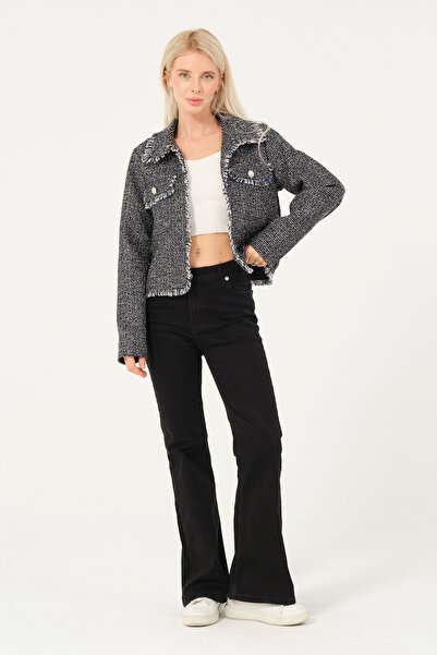 eva clothing Kadın Yaka Cep Kapak Püskül Detaylı Crop Ceket 1234749eva-1