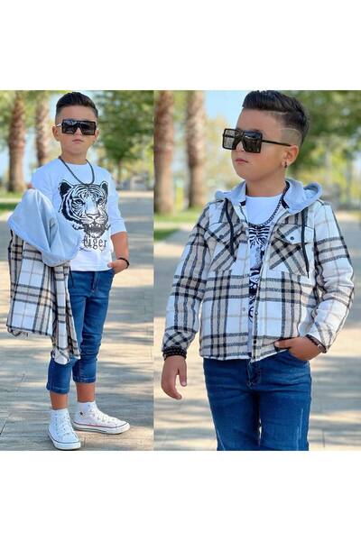 Burçak Butik Hooded Lumberjack Long Sleeve Shirt / Jeans / T-Shirt 3 Pieces Set