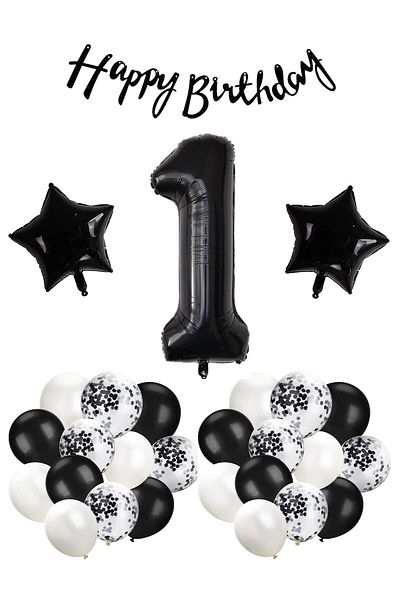 Ezgi Party Store Black Concept 1 Year Birthday Celebration Set; Black Confet Balloon, Number Star Foil and Banner