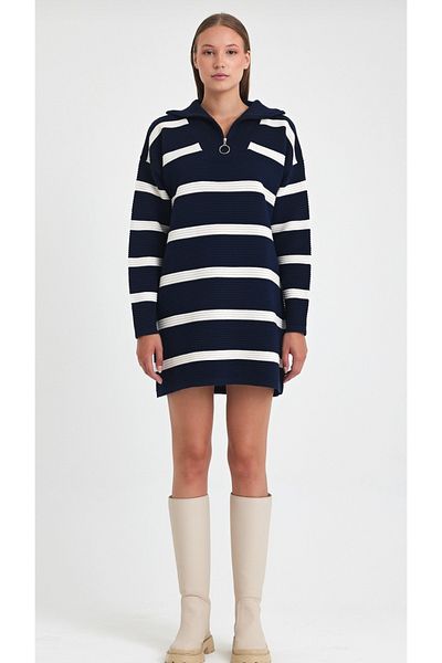 AKŞEN GİYİM Women's Striped Zipper Detailed Knitting Steel Knitting Tunic Size Sweater