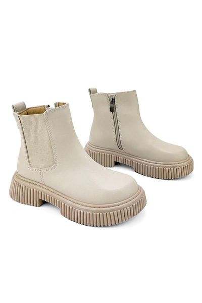 Cici Bebe Ayakkabı Chelsea Girl's Beige Patent Leather High Sole Elastic Zippered Boots
