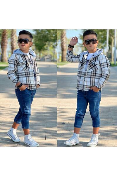 Burçak Butik Hooded Lumberjack Long Sleeve Shirt / Jeans / T-Shirt 3 Pieces Set