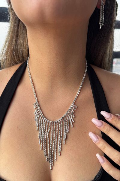 miso aksesuar takı Misotrend Silver Color Stone Detailed Necklace and Earrings Wedding Henna Engagement Bridal Set