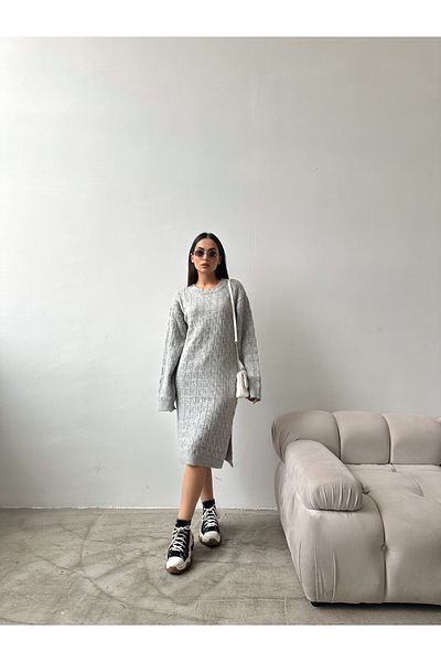 Elilook Γυναικείο πλεκτό φόρεμα με μοτίβο πλεκτό με λαιμόκοψη με μάλλινο εφέ