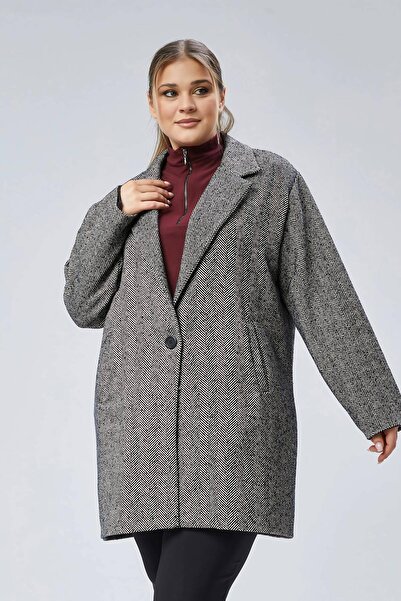 Hanezza Büyük Beden Kadın Balık Sırtı Desenli Kaşe Ceket – Zamansız Zarafet ve Konforun Buluşması