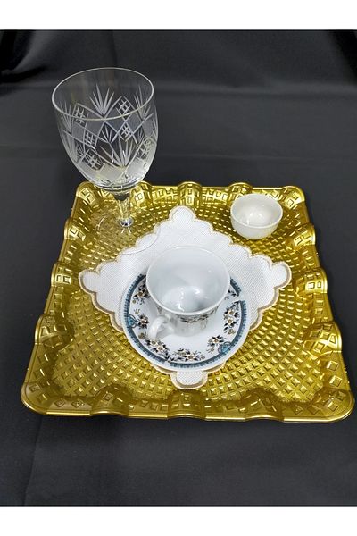NAKIŞ ATÖLYESİ 6 Pieces Suitable for Etamin Processing Linen Linen Fabric Gold Square Wavy Brown Side Cocktail Presentation Napkin