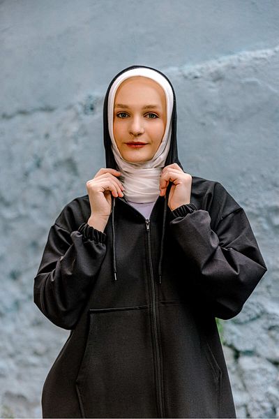 SELF CONTROL Γυναικεία Φούτερ Hijab Σετ Kangaroo Pocket Μαύρο Σετ