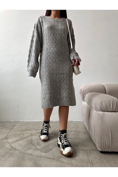 Elilook Γυναικείο πλεκτό φόρεμα με μοτίβο πλεκτό με λαιμόκοψη με μάλλινο εφέ