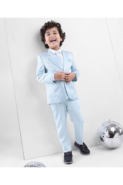 Babyhug Woven Full Sleeves Brocade Design Party Suit with Tie - White & Light Blue