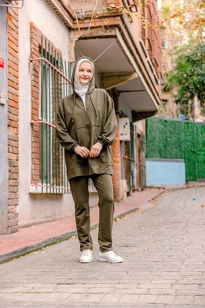 SELF CONTROL Γυναικείο Σετ Φούτερ Hijab Σετ Καγκουρό Τσέπη Χακί