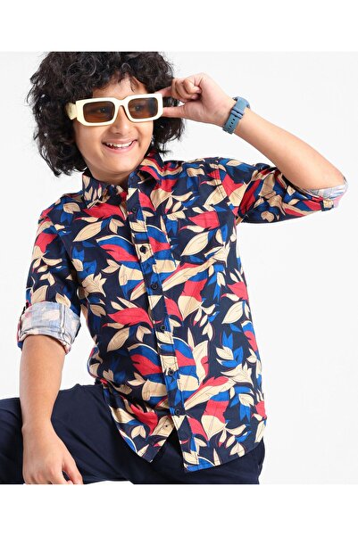 Pine kids Pine Kids Cotton Roll Up Full Sleeves Leaves Printed Shirt- Navy Blue