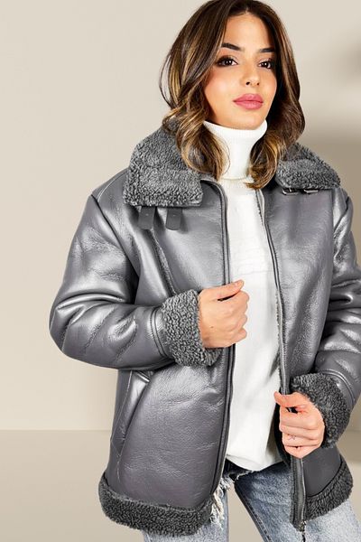 Michelle COCO Women's High Calire Leather Coat - Fur Collar, Special Design